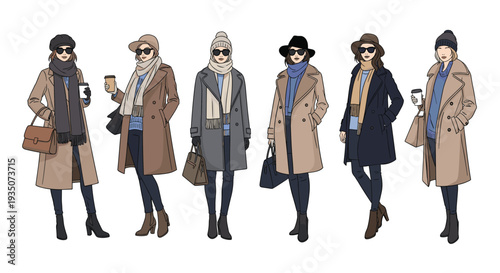 Collection of six elegant women showcasing diverse winter fashion styles including long coats, scarves, hats, sunglasses, and boots.
