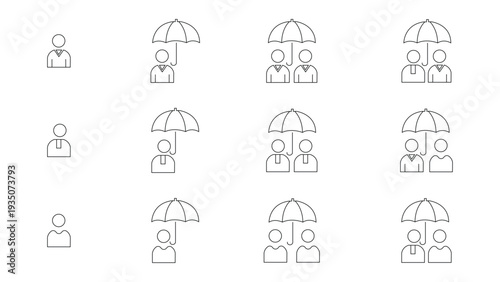 Illustrations of people using different types of umbrellas and shelters in various settings
