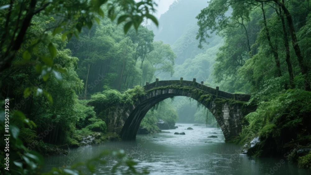 Fototapeta premium Stone arch bridge over a river in a lush green forest with misty atmosphere