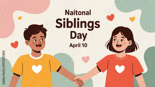 Cartoon brother and sister holding hands with heart symbols on their shirts celebrating national siblings day on april 10