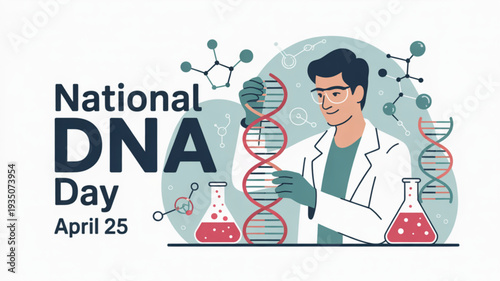 Scientist examining dna double helix structure on national dna day april 25 with laboratory equipment and molecular models