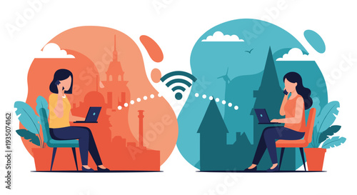 Two women sitting at their desks in different locations communicating with each other through laptops and a wireless internet connection.