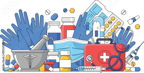 Medical Equipment and Healthcare Supplies Set with First Aid Kit, Syringe, Pills, Mask, Gloves, and Stethoscope Illustration for Hospital and Pharmacy Concept