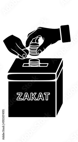 Hand dropping coins into a charity donation box labeled Zakat viewed directly