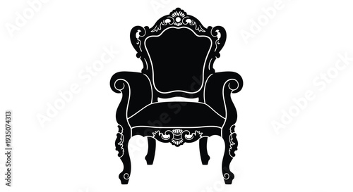 An ornate vintage armchair is shown in a stark black outline against a white background creating a bold silhouette high quality