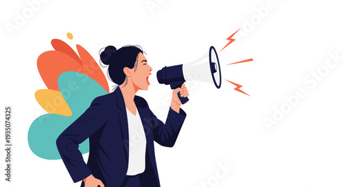 Angry professional woman in a dark suit shouts loudly into a white megaphone against a background with colorful abstract shapes.