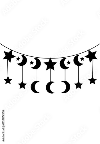 A string of crescent moons and stars hangs delicately in the night sky illustration