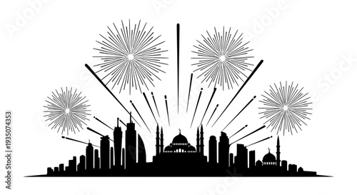 City skyline silhouette with fireworks exploding above cityscape at dusk from a distance