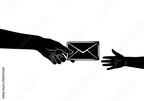 Two hands exchanging an envelope in a simple vector illustration