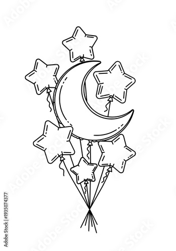 A bunch of stars and a crescent moon balloon illustration for kids at night time