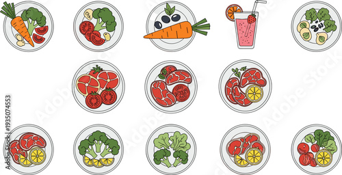 Healthy Food Plates Collection with Fresh Vegetables, Meat, Citrus, and Smoothie Illustration for Balanced Diet, Nutrition Menu, and Wellness Concept