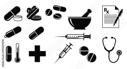 A collection of medical icons including pills syringes and a stethoscope in a stark black silhouette high quality professional detailed modern