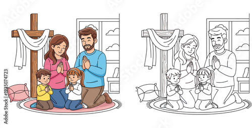 Family Praying at Home Coloring Page - Christian Devotion, Family Faith, and Religious Education.