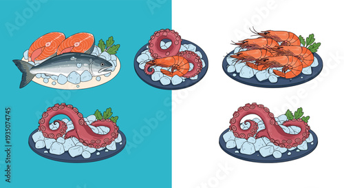 Variety of fresh seafood items including whole fish, salmon steaks, octopus tentacles, and shrimps served on plates with ice.