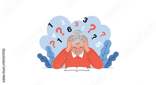 Confused elderly woman holds her head in frustration while surrounded by floating numbers and question marks signifying memory loss or dementia.