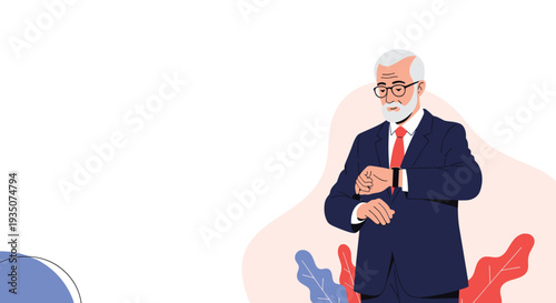 Professional senior businessman wearing a suit and glasses checks the time on his wristwatch while standing against a plain background.
