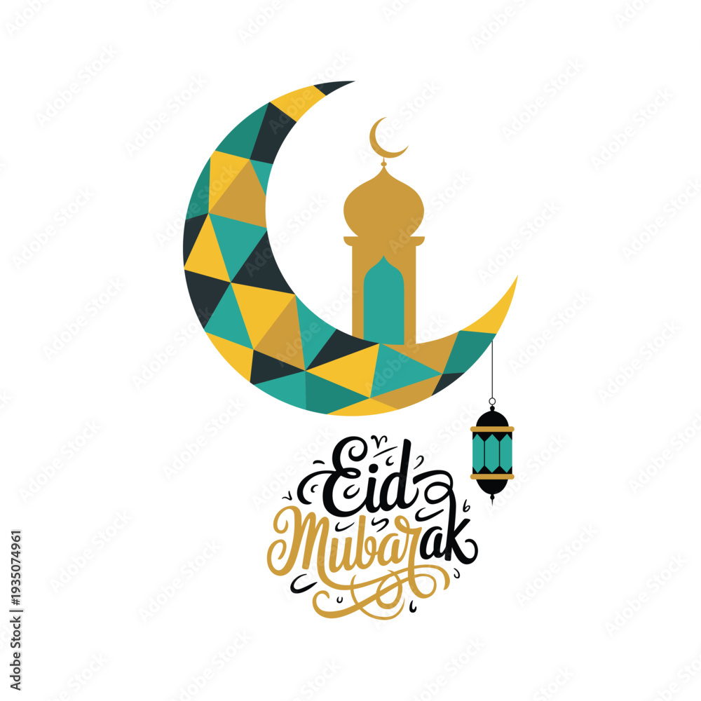 Obraz premium Eid Mubarak greeting card with crescent moon and lantern Islamic holiday celebration