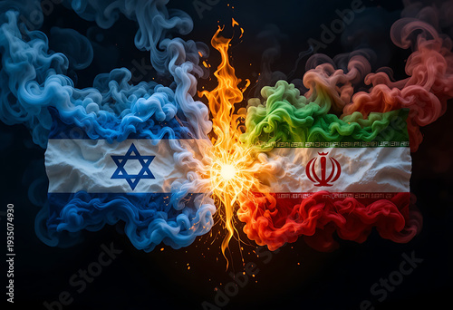 Smoke flags of israel and iran in conflict