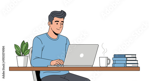 Man working on laptop at desk with books and plant nearby in a professional setting