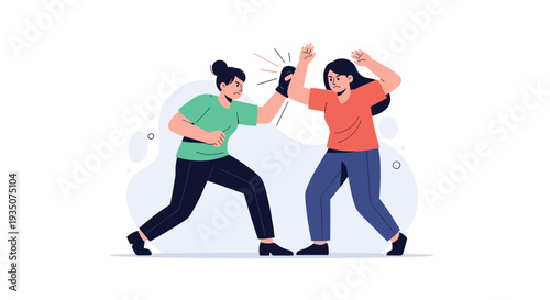 Two angry women engage in a physical fight or boxing match with determined expressions and aggressive movements against a simple background.