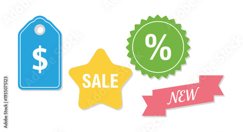 A vibrant collection of sale tags and symbols including a dollar sign percent star and ribbon silhouette high quality professional detailed