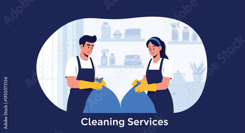 Professional man and woman in aprons and yellow gloves work together as part of a cleaning service team holding large blue trash bags.