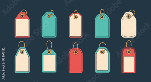 A collection of colorful price tags and labels arranged in a neat row showcasing a flat design silhouette high quality professional
