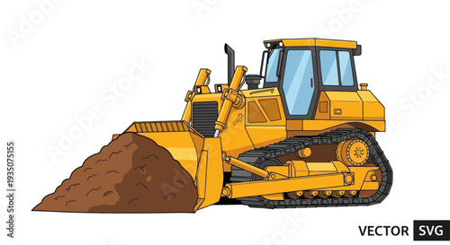 Yellow bulldozer pushing dirt on white background, heavy construction machine