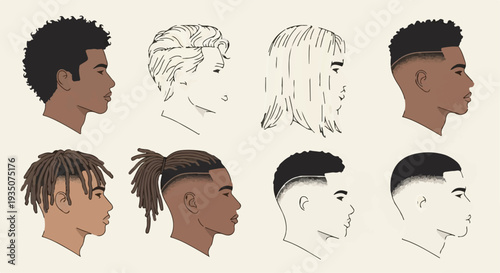 Diverse men's hairstyles and haircuts collection in profile view for barbershop and grooming social media