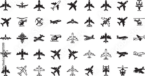 Black and white airplane and helicopter airplanes helicopters silhouettes aircraft