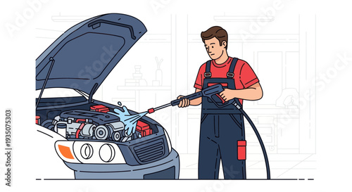 Man Washing Car Engine with Pressure Washer in Garage - Illustration