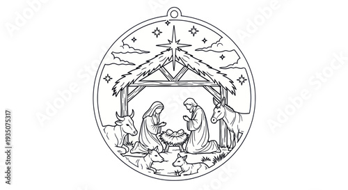 Nativity Scene Christmas Ornament Outline Drawing