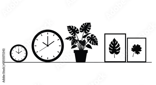 A minimalist interior scene featuring clocks plants and framed artwork rendered as a striking silhouette high quality professional detailed modern elegant