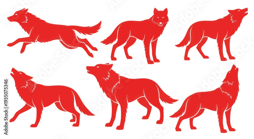 Red Wolf Silhouettes Collection: Running, Howling, Standing Poses
