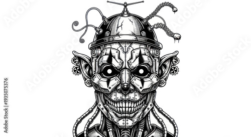 Scary Steampunk Clown Robot Face Illustration