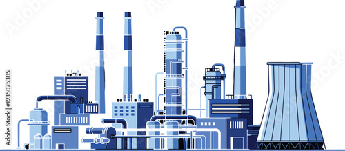 Industrial Factory Plant with Chimneys, Cooling Towers, and Pipeline System Illustration for Manufacturing Industry, Energy Production, and Engineering Infrastructure Design