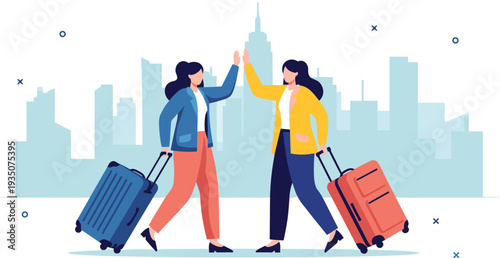 Women Travelers with Suitcases High Five in City Illustration for Travel Friendship, Vacation Journey, Tourism Adventure, and Urban Lifestyle Concept
