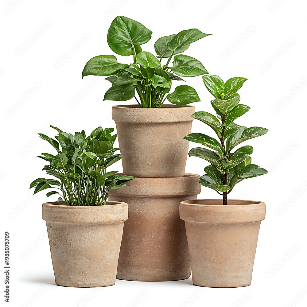 Fototapeta premium Arrangement of Potted Houseplants in Decorative Clay Pots on a White Background
