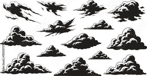 Collection of various cloud formations in black and white illustrations
