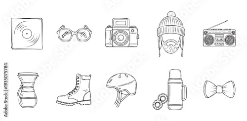 A comprehensive collection of hand drawn outline icons representing various hipster lifestyle objects and hobbies suitable for graphic assets and themed promotional materials.