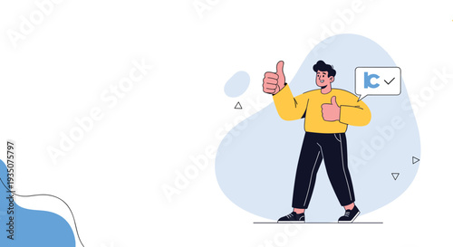 Confident young man in a yellow sweater and dark pants gives two thumbs up while walking as a sign of success and approval.
