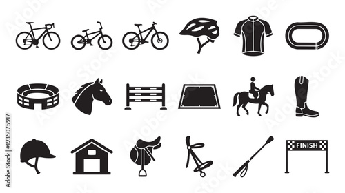 Comprehensive collection of cycling and equestrian sport icons, featuring various bikes, gear, and horse riding elements, ideal for athletic event promotions or sports education materials