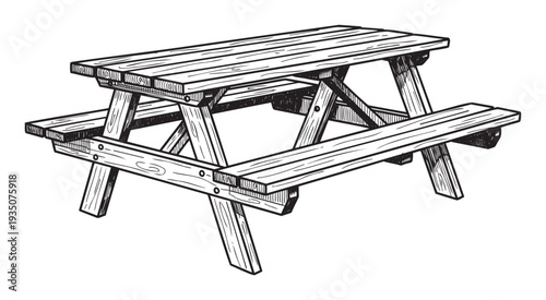 Classic wooden picnic table with attached benches depicted in a clean outline style, suitable for various outdoor activity themes or casual dining lifestyle projects and presentations.