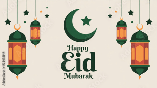 Eid mubarak festive greeting with hanging lanterns and crescent moon on beige background