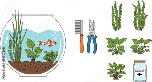 Aquarium Care Set with Fish Bowl, Aquatic Plants, Fish Food Jar, Comb, and Scissors Illustration for Pet Fish Maintenance and Home Aquarium Design