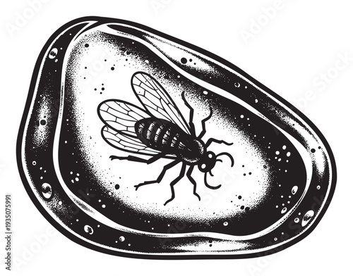 Detailed monochrome graphic of an ancient insect trapped in a solidified resin drop, perfect for educational content, fantasy themes, and natural science publications.