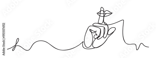 A minimalist continuous line drawing depicting a hand with a finger pressed to lips, symbolizing silence, secrecy, and quiet, useful for communication, privacy, and mindfulness themed