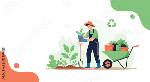 Male gardener in blue overalls and orange hat plants young seedlings in a garden bed with a wheelbarrow and tools.