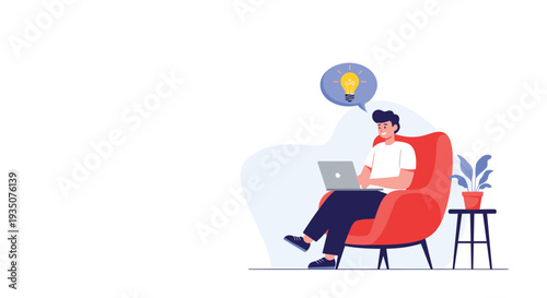 Creative man sitting in comfortable red armchair works on laptop with glowing lightbulb idea bubble appearing over his head.