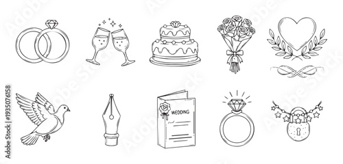 Charming hand drawn set of wedding celebration symbols featuring rings, cake, flowers, dove, heart, and invitation perfect for romantic event planning and graphic resources